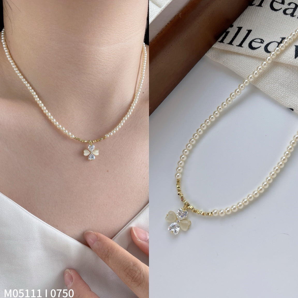 Women's pearl necklace with bow charm