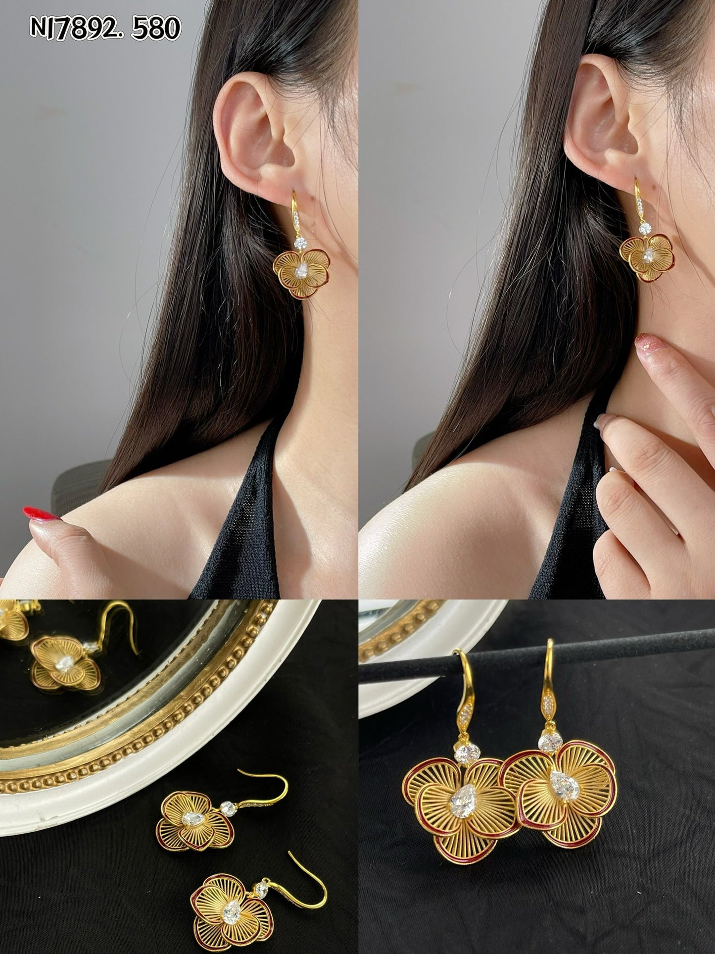 Detailed gold metal flower earrings