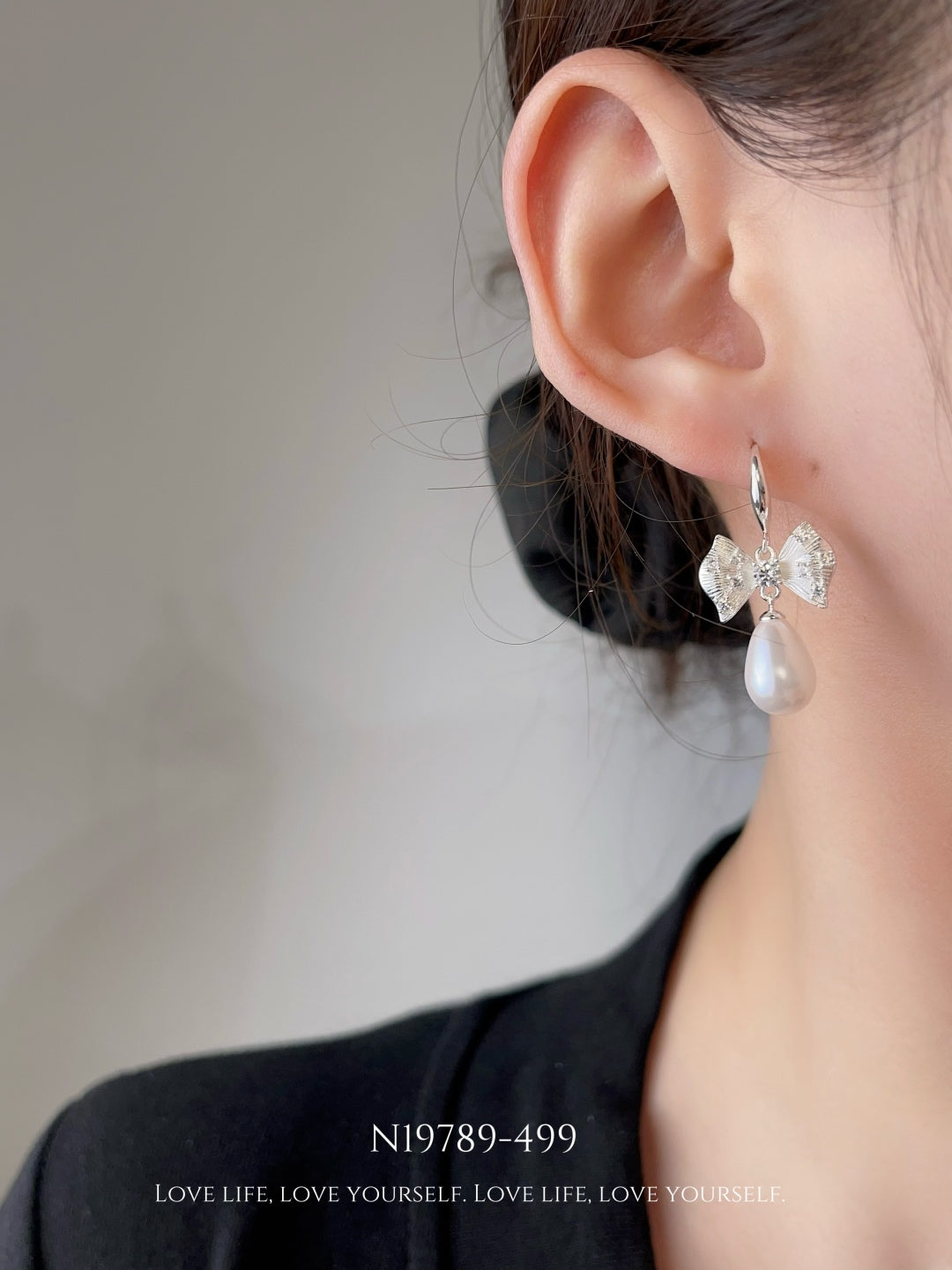 Crystal Bow & Teardrop Pearl Dangle Earrings