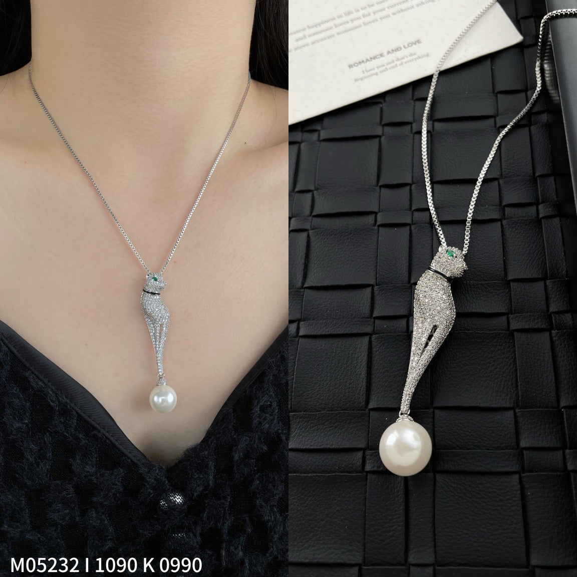 Elegant Leopard Pendant Necklace with Pearl Drop