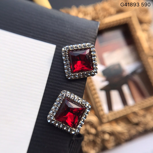 Elegant red, green, and blue square crystal earrings
