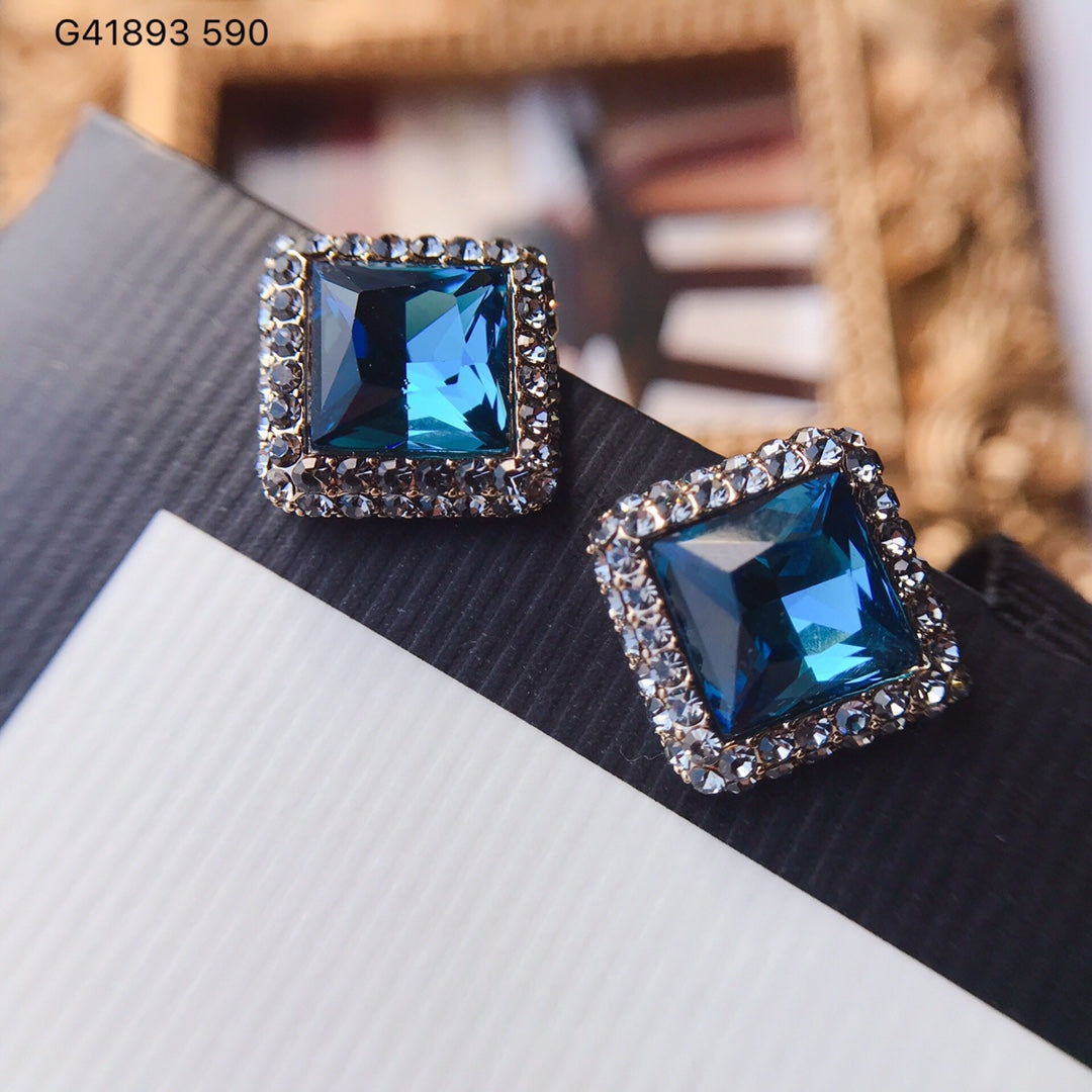 Elegant red, green, and blue square crystal earrings
