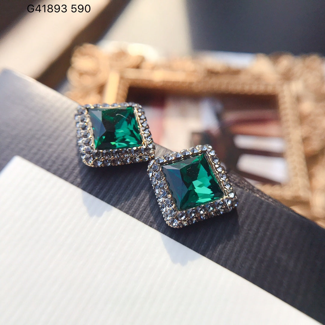Elegant red, green, and blue square crystal earrings