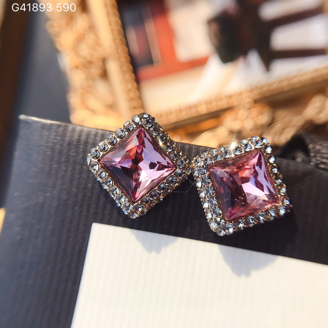 Elegant red, green, and blue square crystal earrings