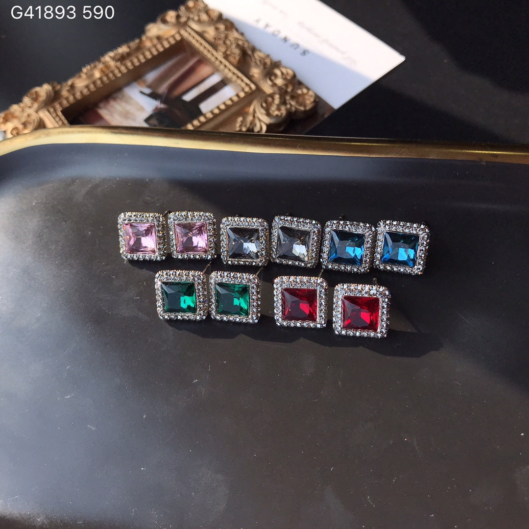 Elegant red, green, and blue square crystal earrings