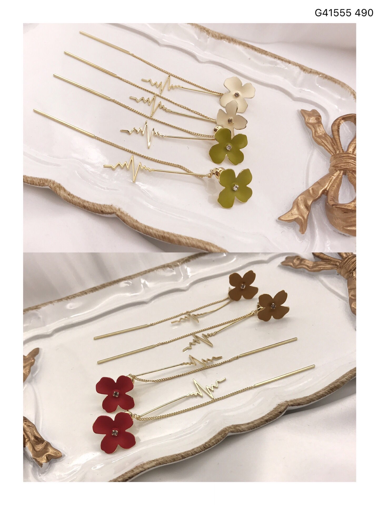 Detachable floral stud earrings with long gold chain