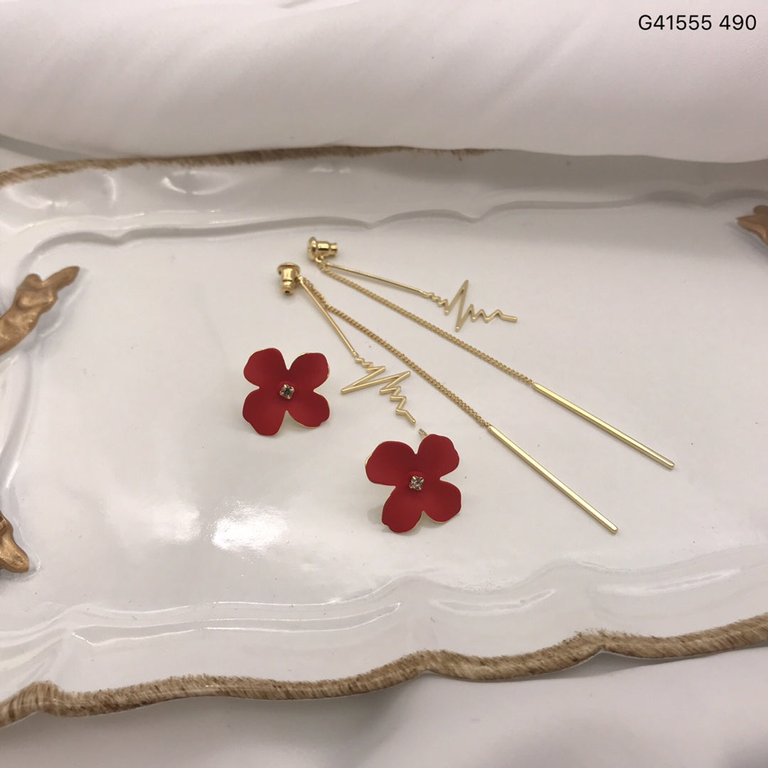 Detachable floral stud earrings with long gold chain