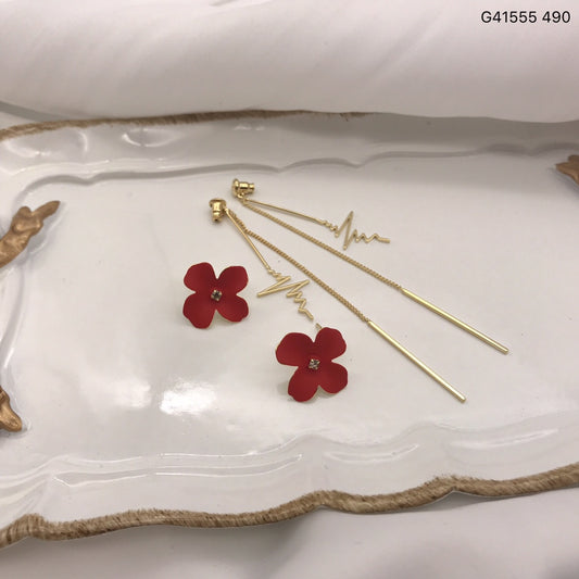 Detachable floral stud earrings with long gold chain