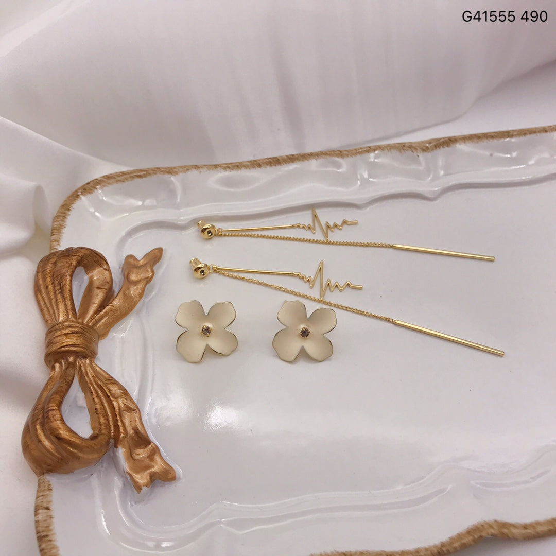 Detachable floral stud earrings with long gold chain
