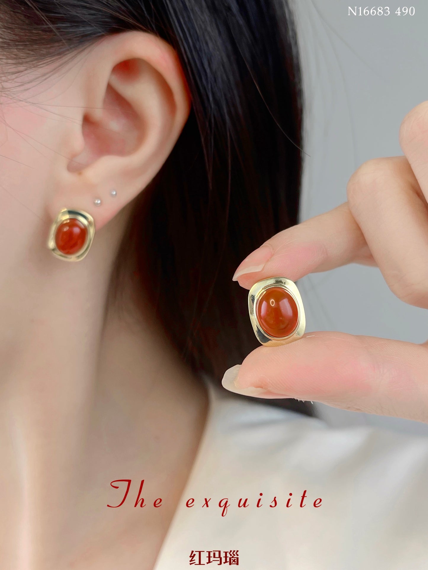 Gold-rimmed red agate earrings