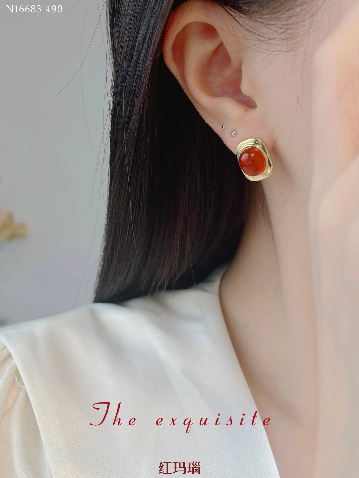 Gold-rimmed red agate earrings