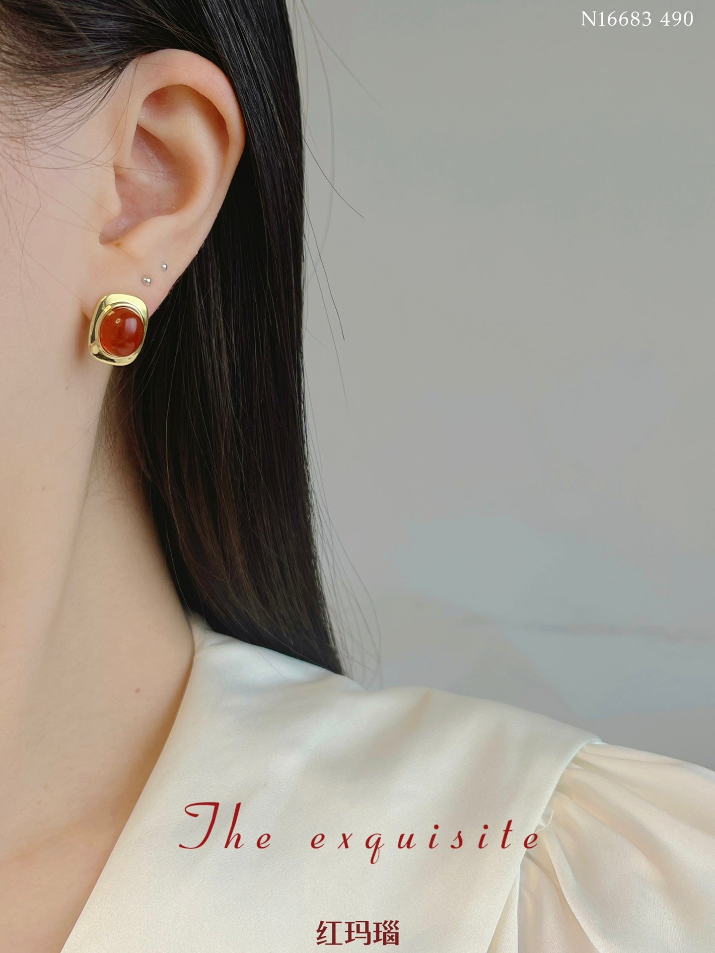 Gold-rimmed red agate earrings