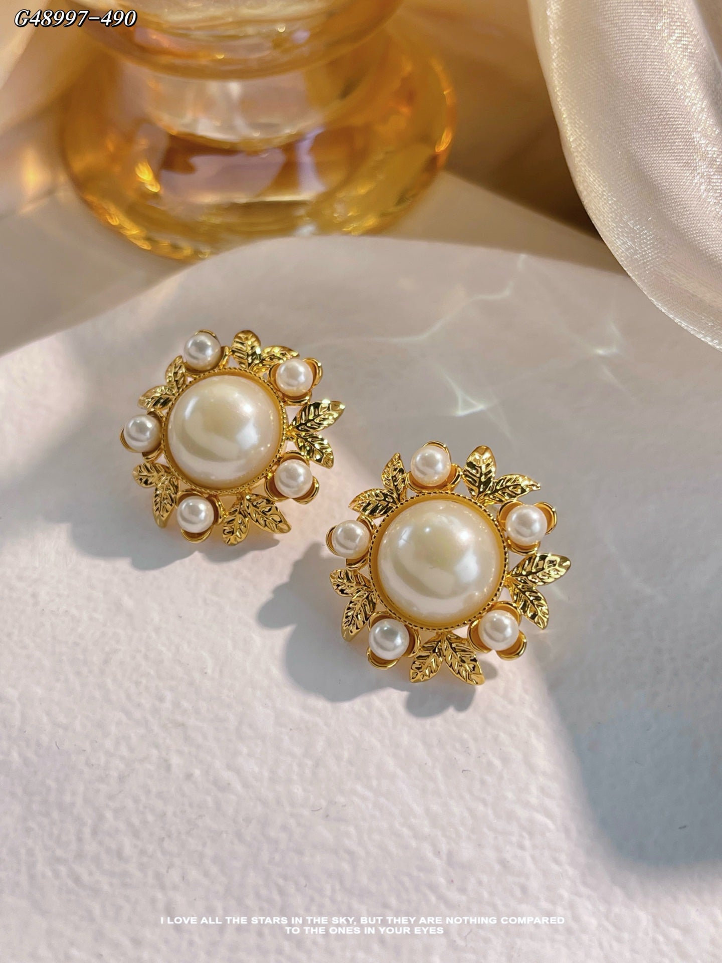 Vintage Gold Pearl Floral Stud Earrings