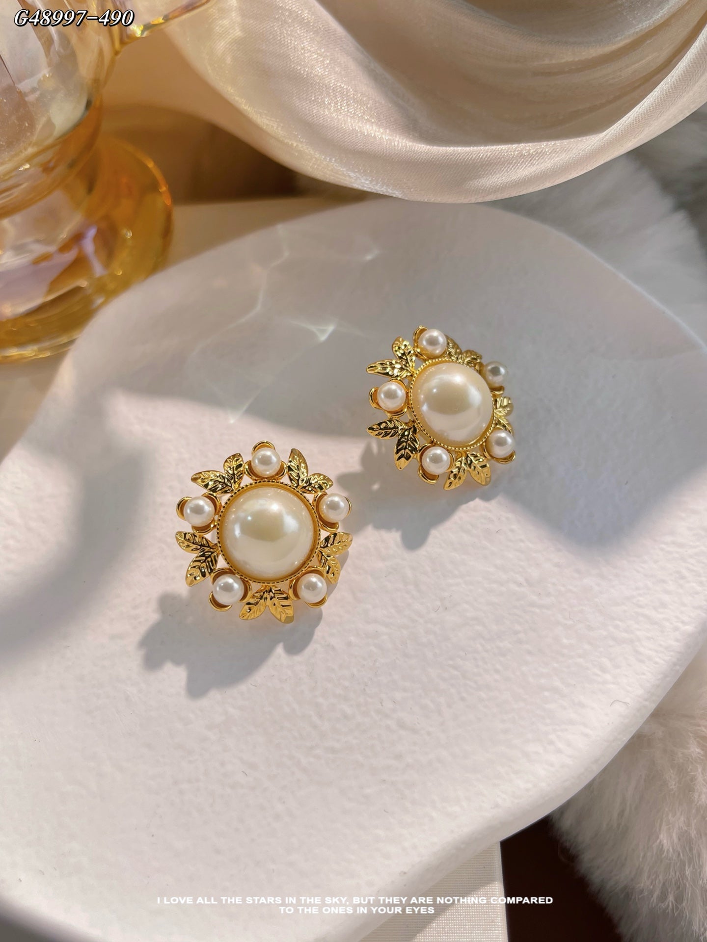 Vintage Gold Pearl Floral Stud Earrings