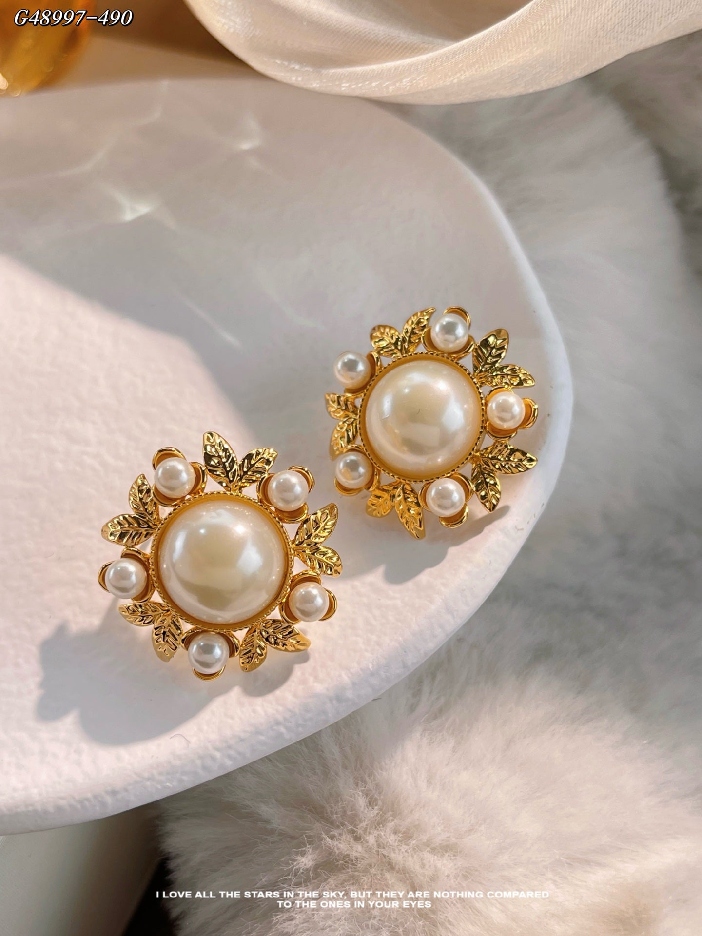 Vintage Gold Pearl Floral Stud Earrings