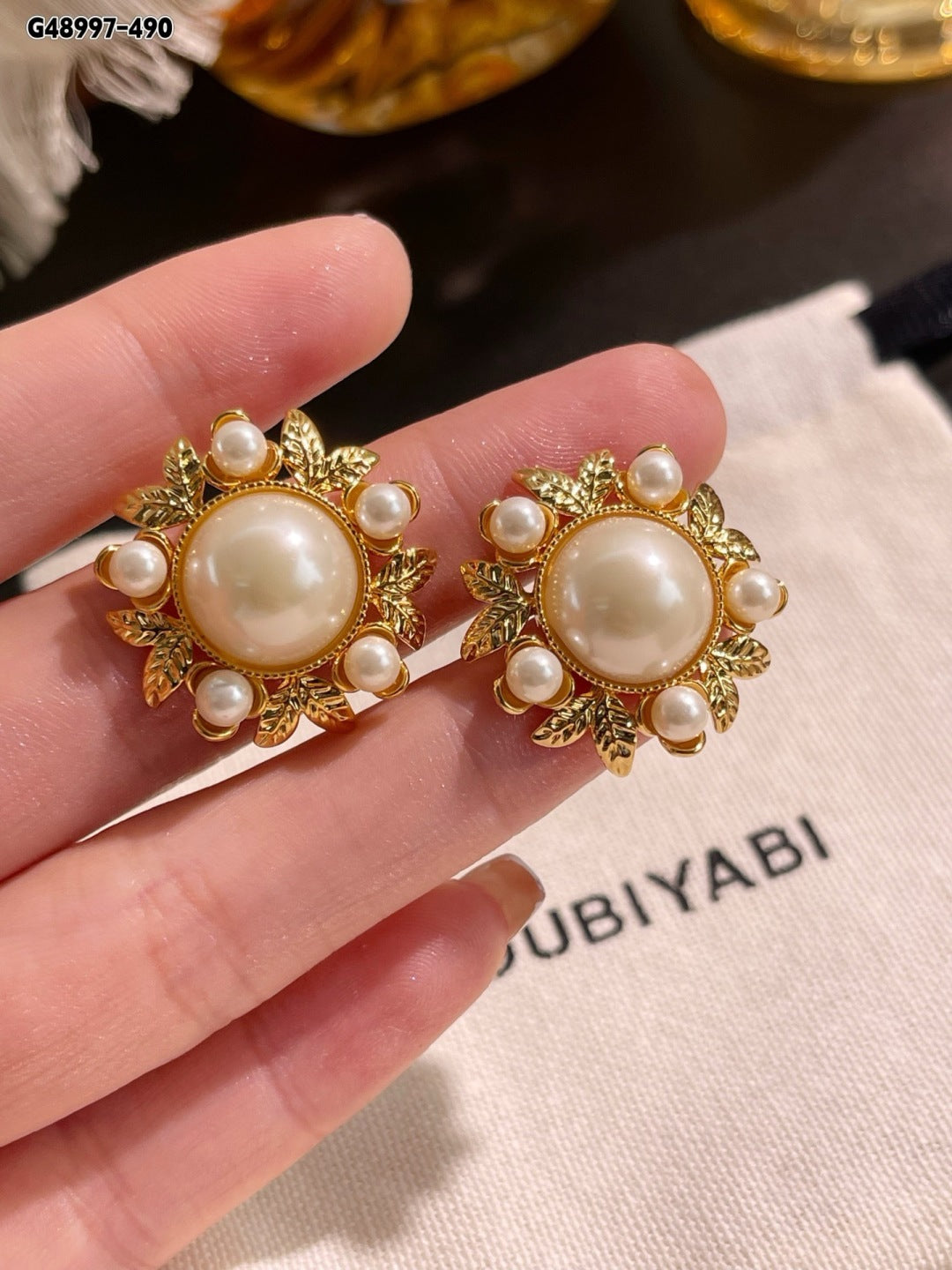 Vintage Gold Pearl Floral Stud Earrings